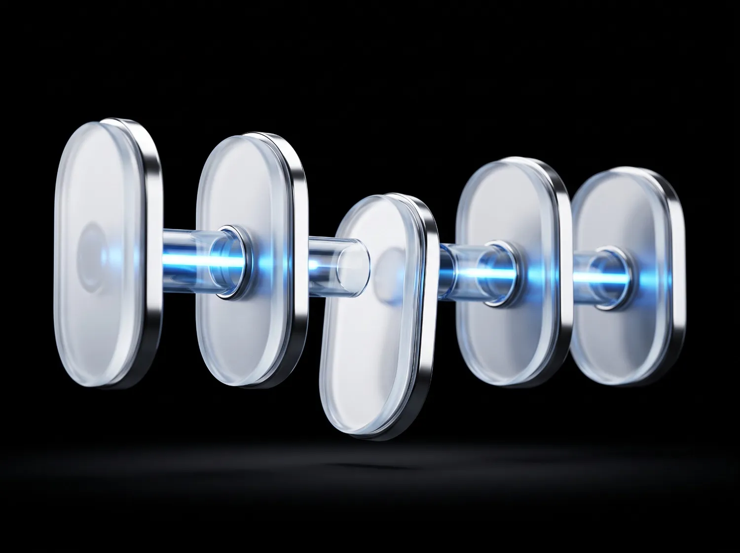 Five glass plates linked by tubes, one dropped out of line, a blue signal routing around it